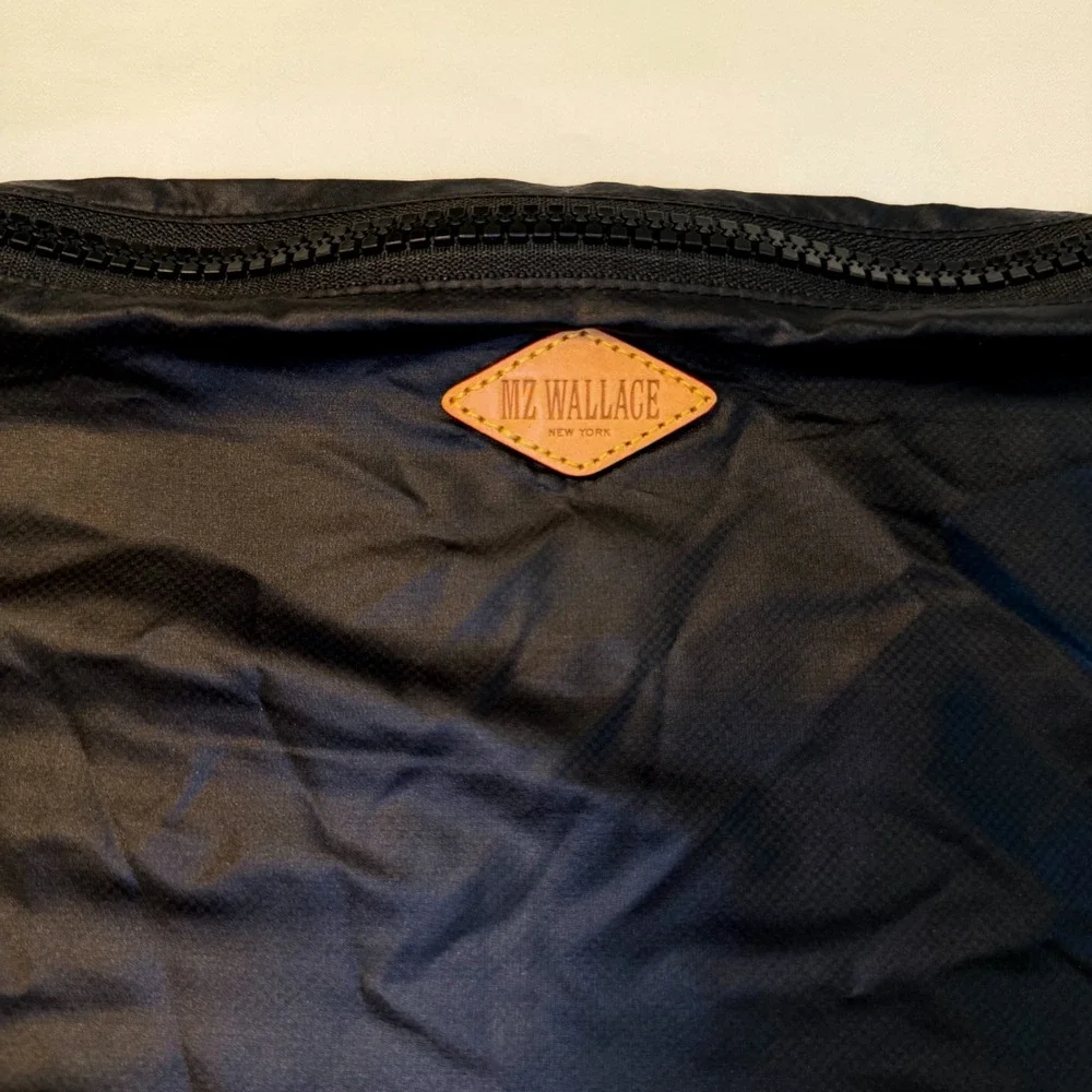 MZ Wallace Black Nylon Zipper Pouch Organizer Bag with Leather Logo Patch Large